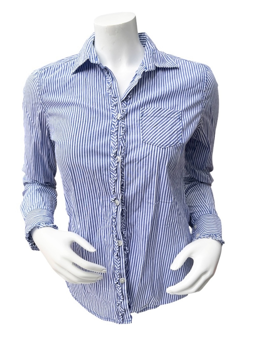 American Eagle Women's Favorite Fit Striped Ruffled Button Down Shirt Top Size S